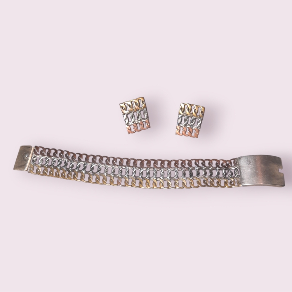 Mexico Vintage Signed Tritone silver Alloy ?Sterling bracelet Clip On earrings